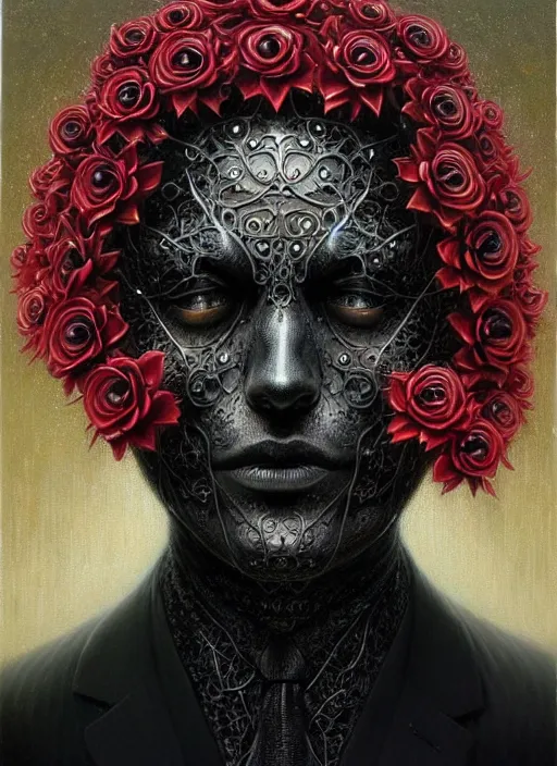 Image similar to an man in a black suit with a head made of flowers, intricate, highly detailed, concept art, hyperrealistic, oil painting by greg staples, 8 k