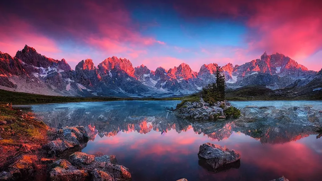 Image similar to amazing landscape photo of mountains with lake in sunset by marc adamus, beautiful dramatic lighting