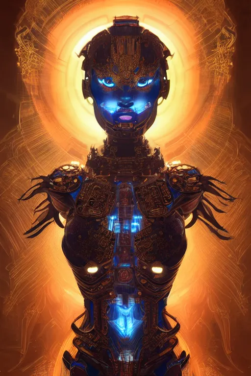 Image similar to asura from chinese myth, ghost, mecha, symmetrical. sci - fi, tech wear, glowing lights, intricate, elegant, highly detailed, digital painting, highly detailed, digital painting, artstation, concept art, smooth, sharp focus, illustration, art by artgerm and greg rutkowski and alphonse mucha