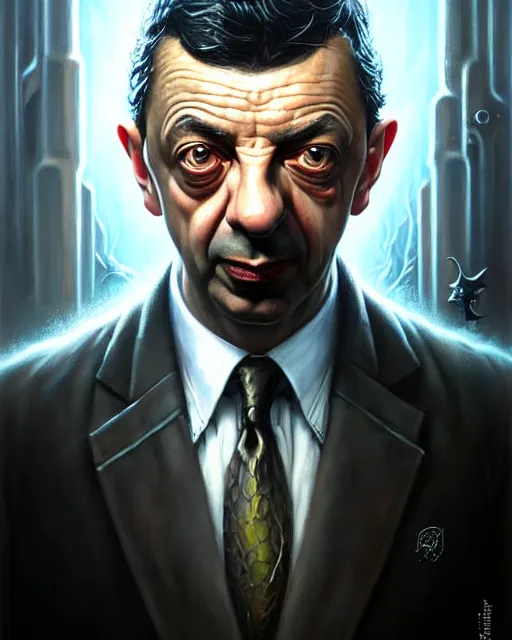 Image similar to lovecraft biopunk portrait of rowan sebastian atkinson by tomasz alen kopera and peter mohrbacher