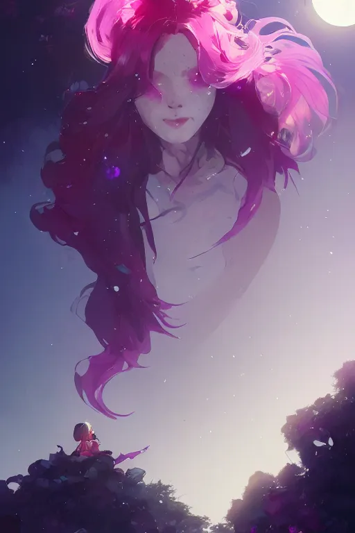 Image similar to A beautiful woman with magenta hair covering an eye basking in the moonlight on a bed of obsidian crystals below planets, tall tree, cinematic lighting, dramatic atmosphere, by Dustin Nguyen, Akihiko Yoshida, Greg Tocchini, Greg Rutkowski, Cliff Chiang, 4k resolution, trending on artstation