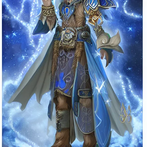 Prompt: character sheet of a starry blue fox druid wearing magic imbued peacock mage robes made from nebulous starry clouds with fairy lights inside the clouds to resemble stars, cloud mage robes, dungeons and dragons, fantasy art, in the style of the legend of vox machina on amazon prime