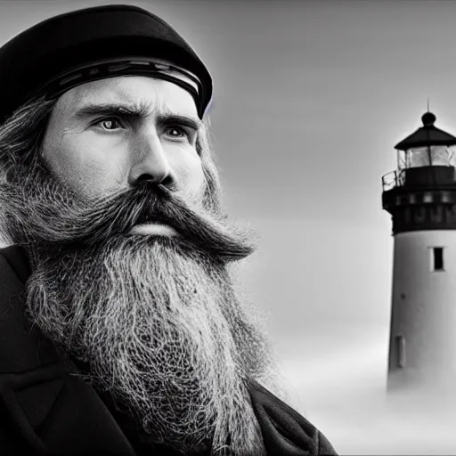 Image similar to Live Action Still of Jerma985 in a film as a Lighthouse Keeper with an overcoat, hat, and beard, black and white, hyperrealistic, ultra realistic, realistic, highly detailed, epic, HD quality, 8k resolution, body and headshot, film still