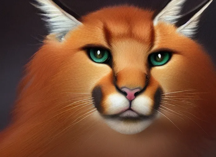 Prompt: laurel wreath on top of a head of fluffy caracal, photography of kurzgesagt, no people, deep focus, d & d, intricate, elegant, highly detailed, digital painting, artstation, concept art, matte, sharp focus, illustration, hearthstone, art by artgerm and greg rutkowski and alphonse mucha