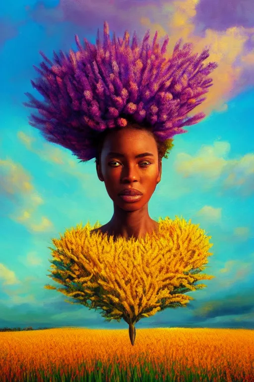 Prompt: closeup, large flower over head, african woman in heather field, surreal photography, golden hour, colorful clouds, impressionist painting, digital painting, artstation, simon stalenhag