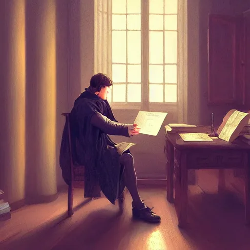 Image similar to james i of england reading a letter in his private study 4 k, concept art, by wlop, ilya kuvshinov, artgerm, krenz cushart, greg rutkowski, pixiv. cinematic dramatic atmosphere, sharp focus, volumetric lighting, cinematic lighting, studio quality