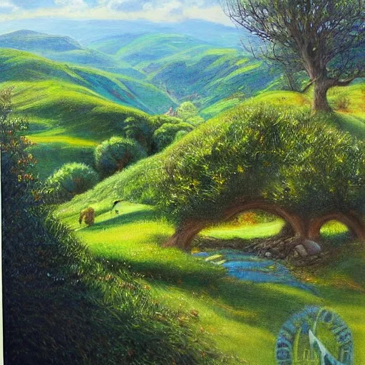 Prompt: the shire from the lord of the rings, by david mann, painting, beautiful