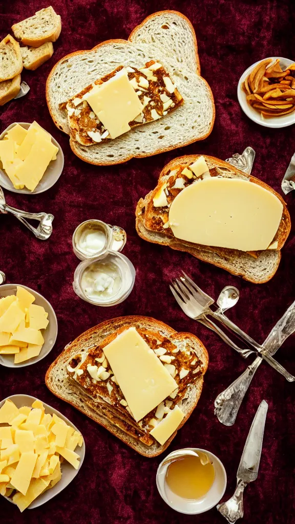 Prompt: 7 0 s food photography of an opulent spread of cheese on toast, on a velvet table cloth, dramatic diffused lighting