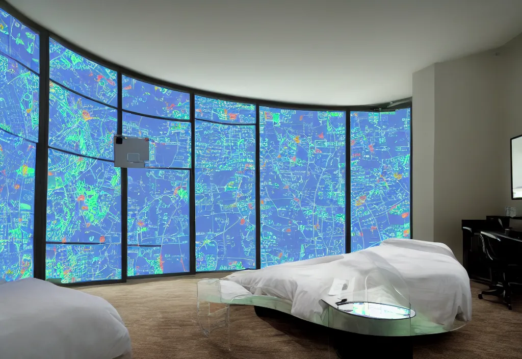 Image similar to curved translucent windows projecting florida holographic weathermap, thin glowing lights, bedroom, visor, users, pair of keycards on table