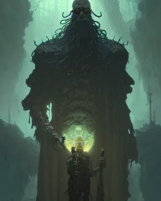 Image similar to ominous wizard, fractal skulls, bioluminescence, rugged, mechanical parts, digital painting by krenz cushart, ilya kuvshinov, akihiko yoshida, greg rutkowski, karl spitzweg. sharp focus, highly detailed, intricate background, post processing