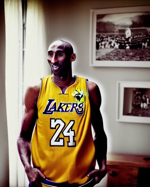 Prompt: portrait of kobe bryant, wrinkled, in 7 0 years old, wearing lakers jersey, photography by steve mccurry, 1 5 mm lens, in his study, trending on artstation