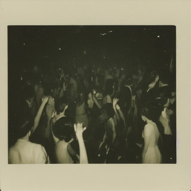 Prompt: Polaroid photograph of a busy dance floor at night, sharp focus