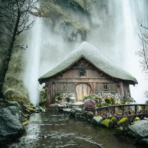 Image similar to inside a medieval hobbit home, ornate, beautiful, atmosphere, vibe, mist, smoke, chimney, rain, wet, pristine, puddles, waterfall, melting, snow, creek, lush, ice, bridge, forest, flowers, akihiko yoshida, james jean