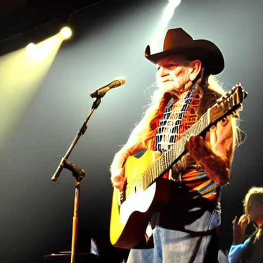 Image similar to willie nelson on stage, detailed, guitar. god rays through fog.