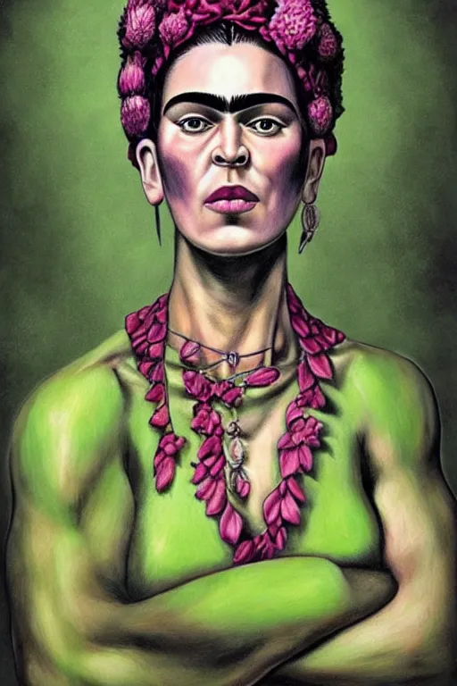 Image similar to ultra detailed incredible hulk portrait in the style of Frida Kahlo