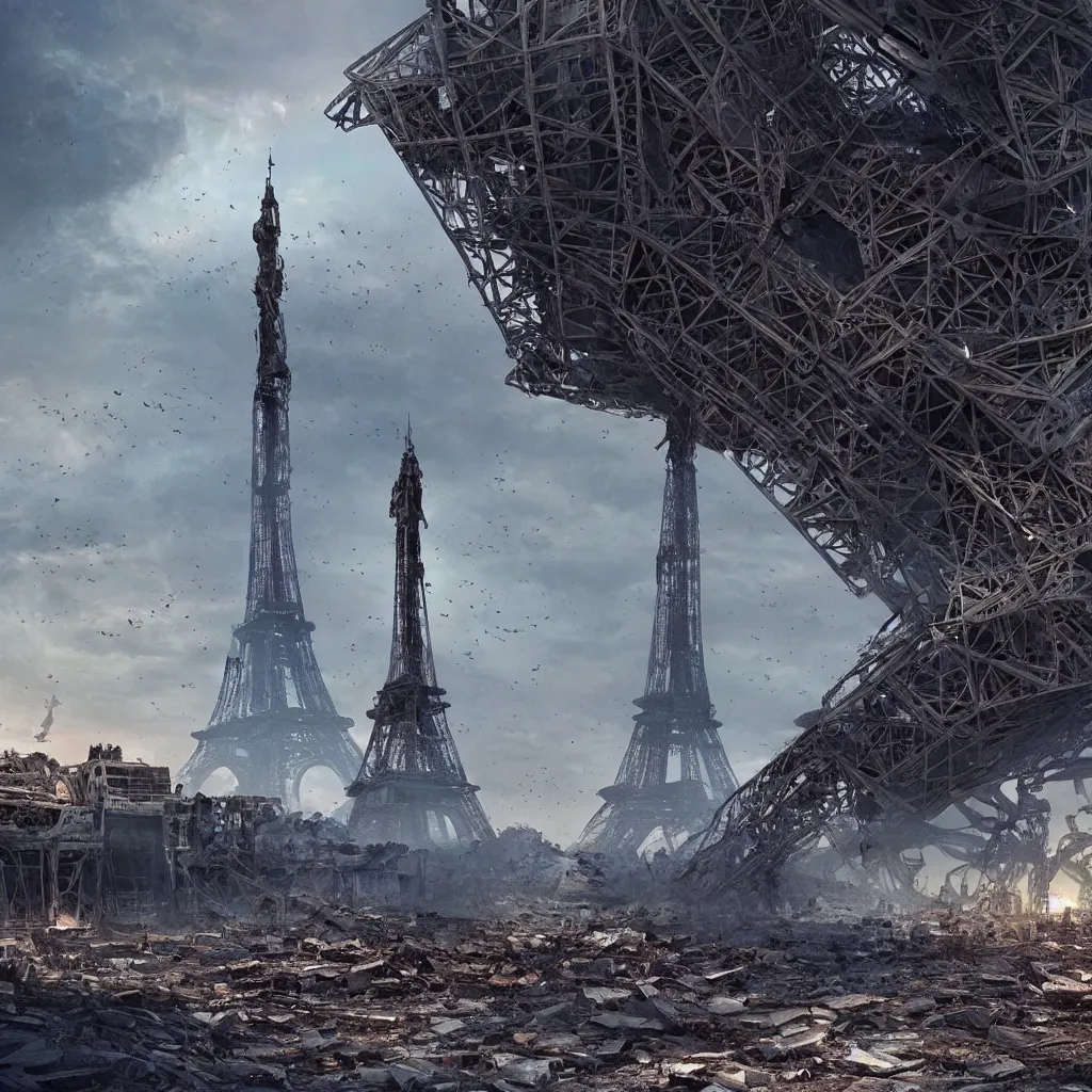 Image similar to A beautiful intricate 8K award-winning cinematic movie photograph of the future Eiffel Tower, destroyed and decaying, hidden by billboards. in the year 2043, by Bruno Delbonnel and greg rutkowski. Arri Alexa 65, IMAX 70mm footage