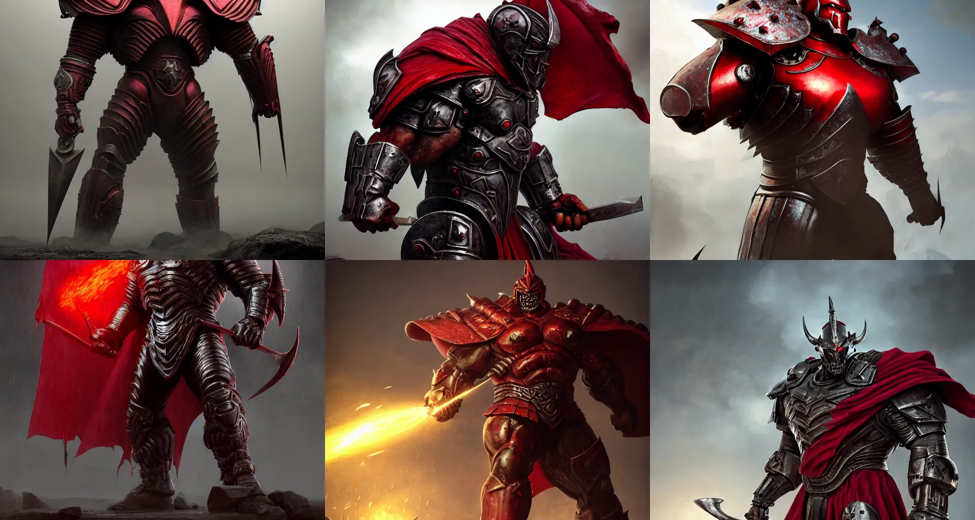 Prompt: sinister ultrarealistic massive giant iron warrior with red cape fighting, horned metal helm bladed iron mantle black etched armor, bodybuilder body, bone wastes, fantasy character octane render, substance painter, cinematic lighting, volumetric lighting, wide angle, artstation, dnd art, cgsociety, sharp focus, digital painting by artgerm, gerald brom, wlop