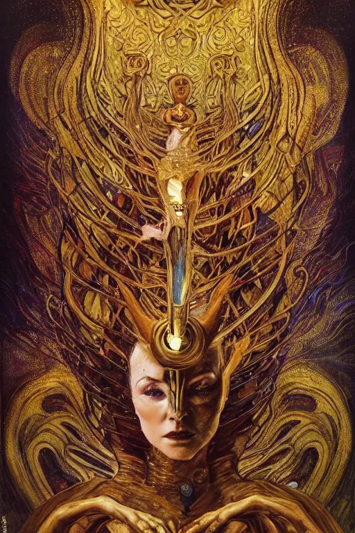 Image similar to Intermittent Chance of Chaos Muse by Karol Bak, Jean Deville, Gustav Klimt, and Vincent Van Gogh, trickster, enigma, Loki's Pet Project, destiny, Poe's Angel, Surreality, creativity, inspiration, muse, otherworldly, fractal structures, arcane, ornate gilded medieval icon, third eye, spirals