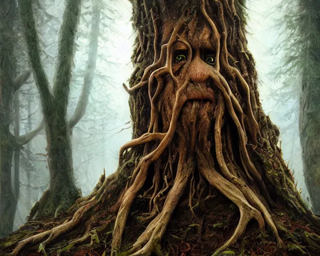 Image similar to a talking tree, a face in the bark, nose made of wood, mouth in the bark, eyes in the bark, fantasy concept art, fantasy oil painting, hyperrealistic, treebeard, ents, magical, highly detailed, artstation, cgsociety, in the forest