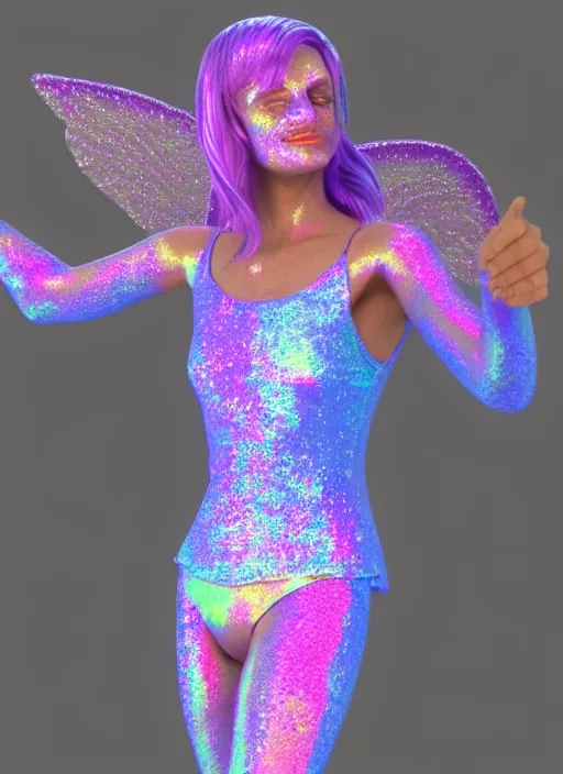 Image similar to 3 d render of a jester angel covered in glitter glue in a holographic leotard