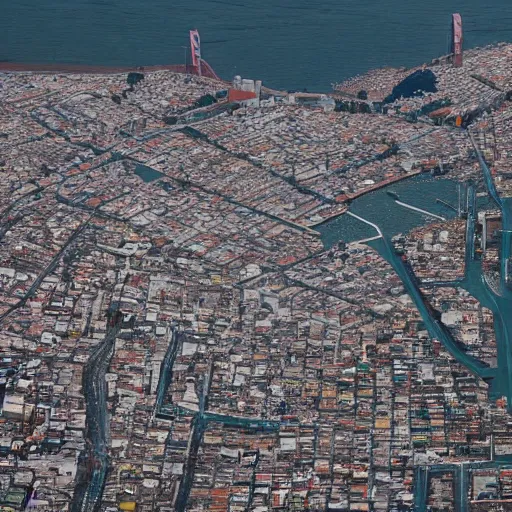 Image similar to color aerial view of San Francisco in 2035, as the sun is setting, and the bay is now filled in with a teeming favela, shanty houses of every different color, recycled materials, electric lines running everywhere, lights coming on in most of the houses, hyperdetailed, ap photo