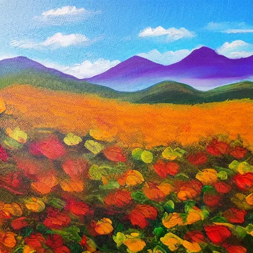 Prompt: paint acrylic a mountain with a three and a flowers field in autumn