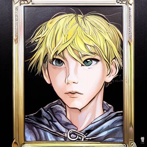 Image similar to an epic fantasy comic book style portrait painting of a young blonde boy thief in the style of yoshitaka amano