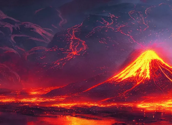 Image similar to volcano erupting in the distance, with lava flowing through the city, at night, by wlop, anime key visual, cozy, death by fire, warm colors, key visual, high detail
