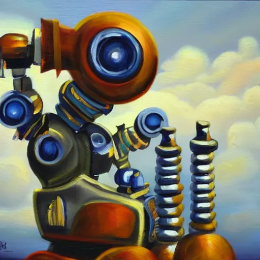 Prompt: A beautiful oil painting of a robot painting an oil painting