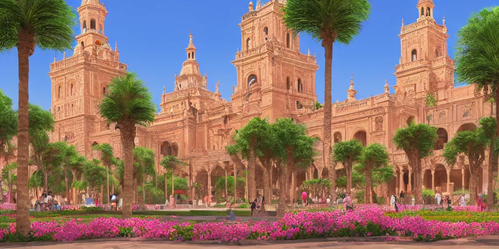 Image similar to ultra detailed and realistic painting of la plaza de espana ( seville ) inspired by very beautiful cute and colored disney movie backgrounds, rendered in 8 k unreal engine