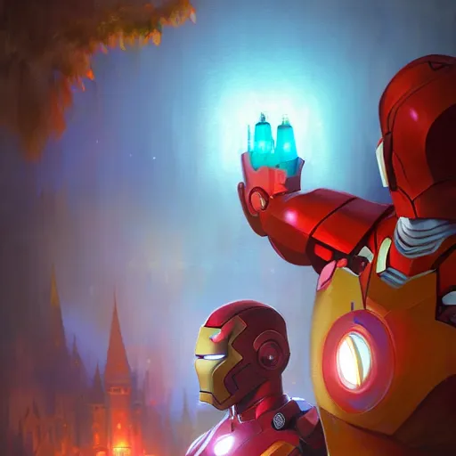 Image similar to dr starange with ironman, magical world, by greg rutkowski, sung choi, photo realistic, 8 k, cinematic lighting, hd, atmospheric, hyperdetailed, trending on artstation, devainart, digital painting, glow effect