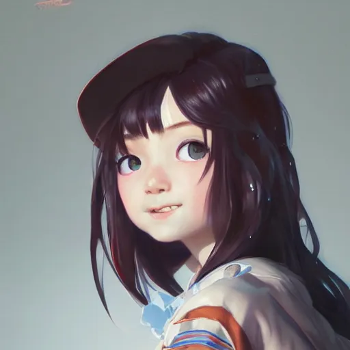 Image similar to a cute fourteen year old japanese girl, tomboy, evil smile, freckles!!!, fully clothed, highly detailed, digital painting, artstation, concept art, sharp focus, illustration, cinematic lighting, art by artgerm and greg rutkowski and alphonse mucha