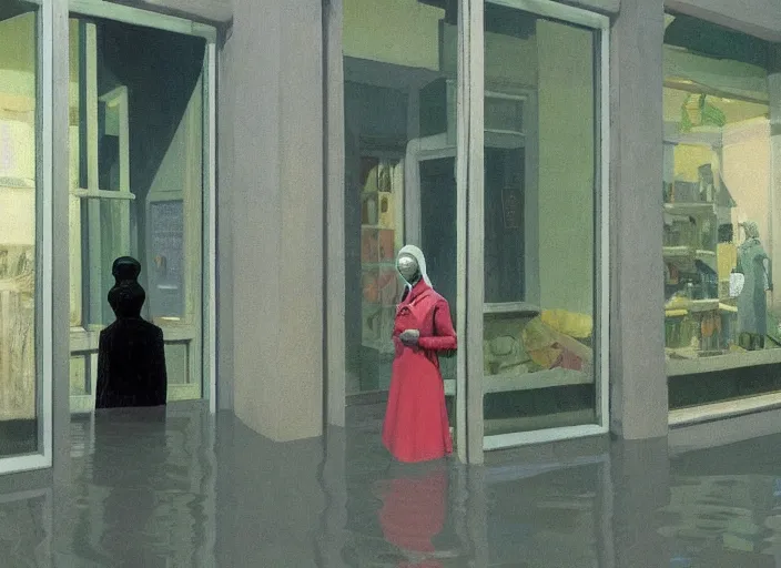 Image similar to woman in a translucent clothing made from green plastic bag with paper bags for clothes standing inside paper bags with paper bag over the head at store display on flooded night street Edward Hopper and James Gilleard, Zdzislaw Beksinski, highly detailed
