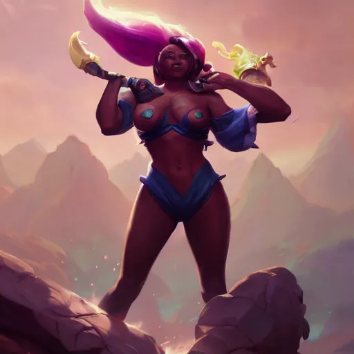 Prompt: full body portrait of huell babineaux, league of legends champion splash art, in - frame, photorealistic facial features, right side composition, art by pete mohrbacher and guweiz and ilya kuvshinov, highly detailed, intricate, sharp focus, unreal engine 5, 4 k uhd