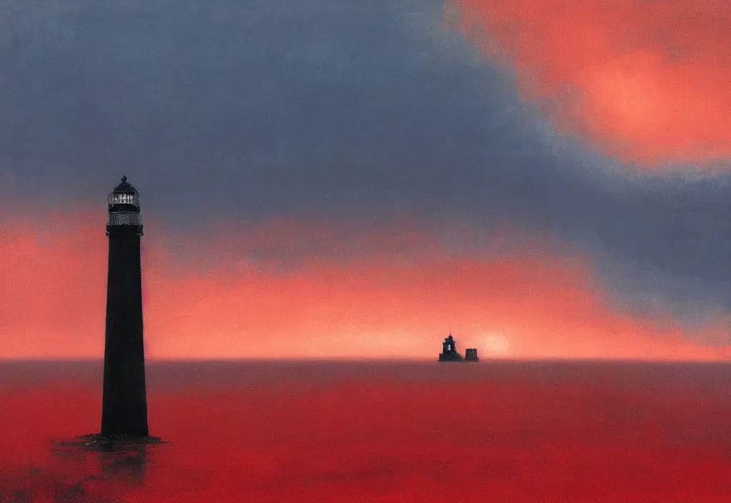 Image similar to landscape acrylic painting of a lonely black lighthouse, dynamic lighting, sad dark red sky with bright blue clouds, hopeless emotions, by beksinski, sharp focus, artstation hq