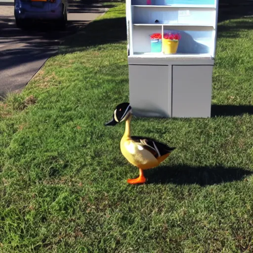 Image similar to a duck walked up to the lemonade stand