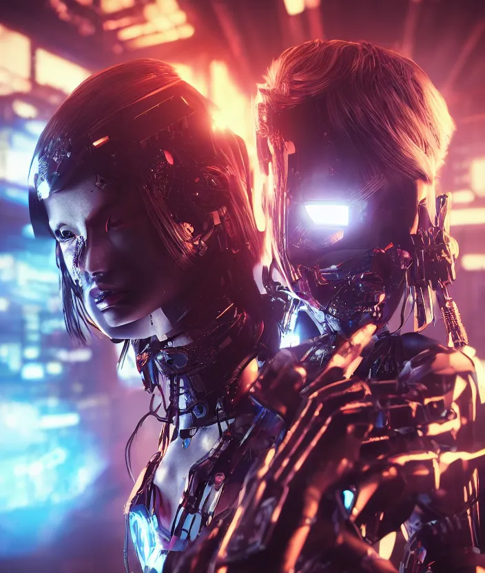 Image similar to japanese model cyborg with digital led panel skin, neon lighting, techno neon projector background, akihiko yoshida style, portrait photo, intricate details, ultra realistic, unreal engine 5, depth of field, bokeh, octane render