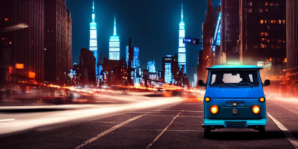 Image similar to an open frame blue tuk tuk going through a desolate manhattan city street at night, statue of liberty seen in the background, realistic 4 k octane beautifully detailed render, 4 k post - processing, highly detailed, detailed face, intricate complexity, epic composition, magical atmosphere, cinematic lighting, masterpiece, color picture, ultra hd