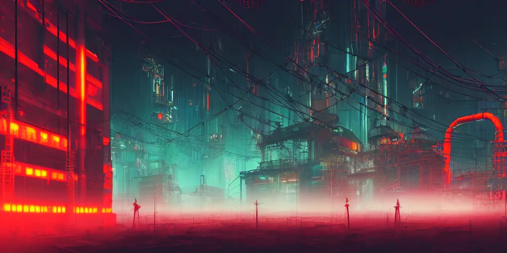 Image similar to a low angle photography of a big giant ominous industrial, futuristic cyberpunk factory at cloudy night with green and orange and red light and pipes and cables with a big chinese character neon sign + with fog + corporation + artstation photorealistic concept art