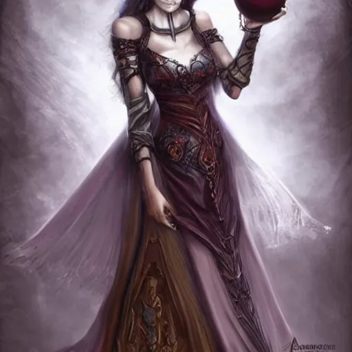 Image similar to a woman in a long dress holding a ball in her hand, concept art by anne stokes, featured on cgsociety, fantasy art, wiccan, dark and mysterious, mystical