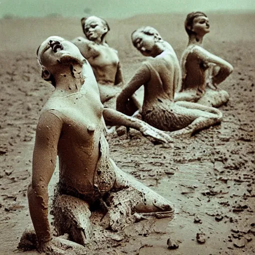 Image similar to melting dancers made of clay and mud on a tanztheater of nature, ultradetailled, ektachrome,