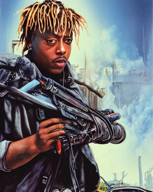 Image similar to juice wrld in dystopian raider mad max post apocalpytic, airbrush, drew struzan illustration art, key art, movie poster