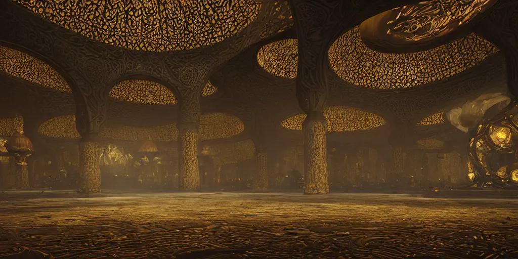 Image similar to Photorealistic mosque in dark giant glowing mushroom underworld, with great domes and arches, people and androids wearing traditional japanese clothing. photorealism, UHD, amazing depth, golden ratio, 3D octane cycle unreal engine 5, volumetric lighting, cinematic lighting, artstation,cgstation, concept art