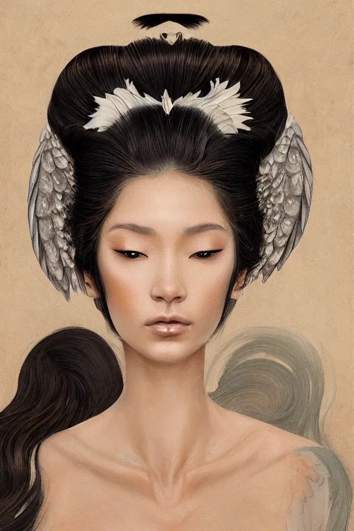 Image similar to a professional painting of a beautiful fallenangel geisha , olive skin, long dark hair, beautiful bone structure, symmetrical facial features, intricate, elegant, digital painting, concept art, smooth, sharp focus, illustration, by Ruan Jia and vitaly bulgarov and andrew nash and and Mandy Jurgens and musha and Artgerm and William-Adolphe Bouguerea