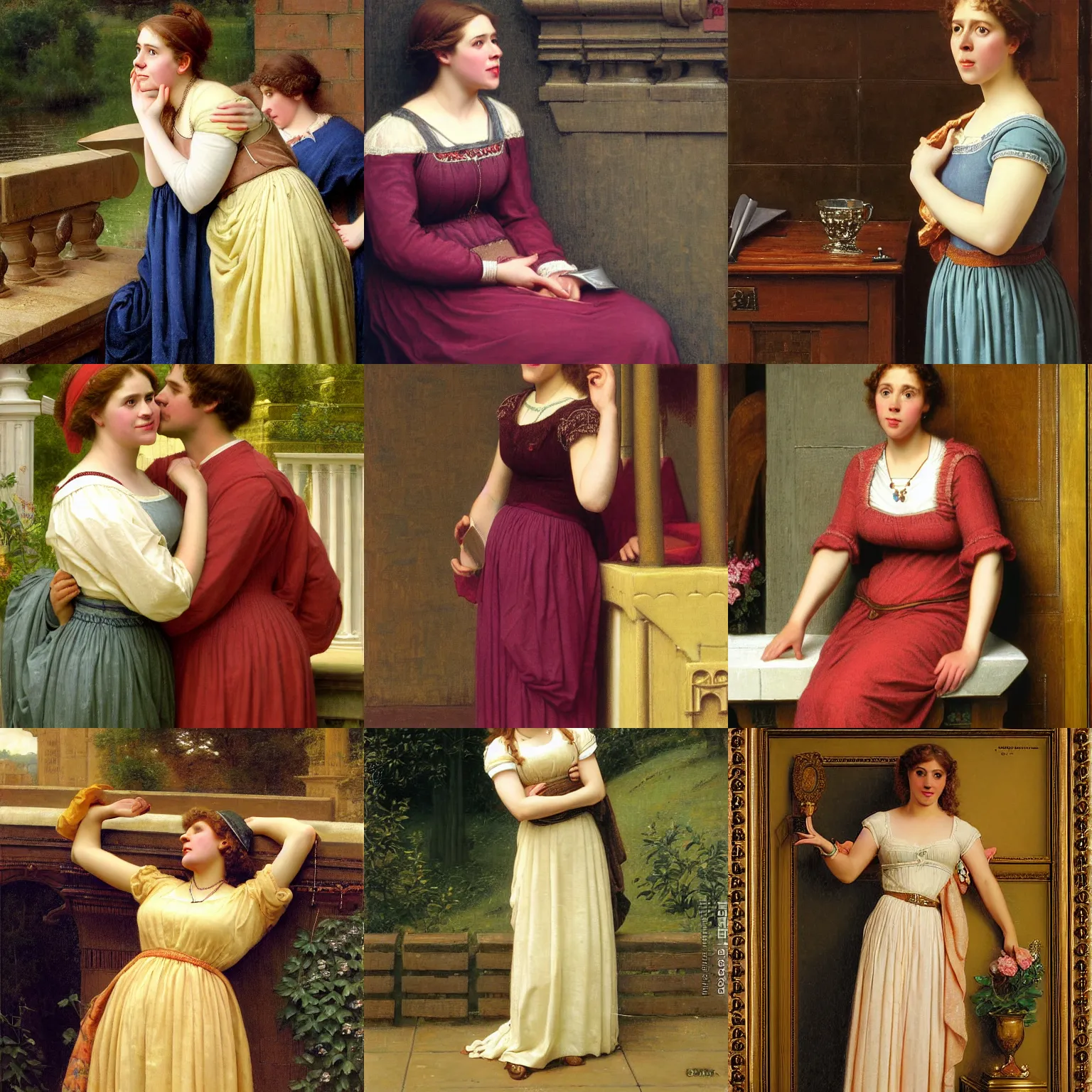 Prompt: pam beesly, surprised, touching her hip and stomach, by edmund blair leighton