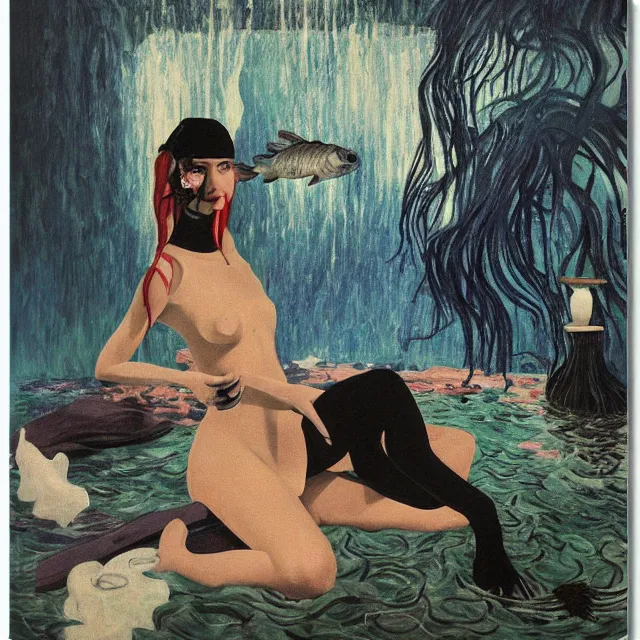 Image similar to tall emo female artist holding a large fish in her flooded apartment, seaweed, pomegranates, octopus, water gushing from ceiling, painting of flood inside an artist's apartment, a river flooding indoors, ikebana, zen, rapids, waterfall, black swans, canoe, berries, acrylic on canvas, surrealist, by magritte and monet