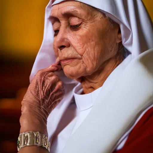 Image similar to a portrait photograph of a serious, spiritual, 6 8 - year - old nun praying in a church, lit by candles, portrait canon 8 5 mm f 1. 2 photograph head and shoulders portrait