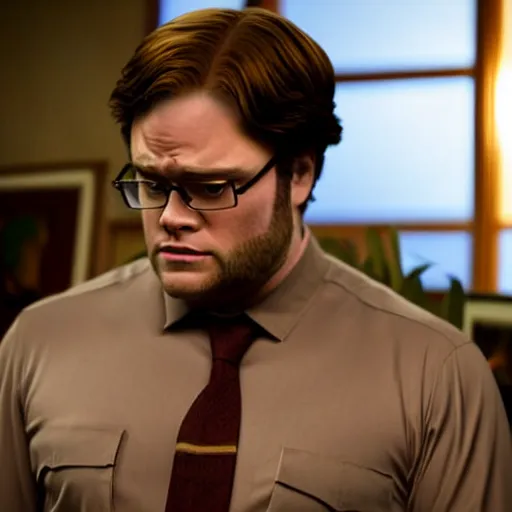 Image similar to cinematic scene with seth rogan as dwight schrute, dramatic, small details, volumetric lighting, still frame