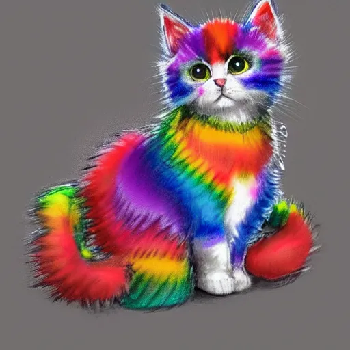 Image similar to wide angle full body, of a fluffy cute rainbow kitten wearing a black motorcycle jacket, concept art