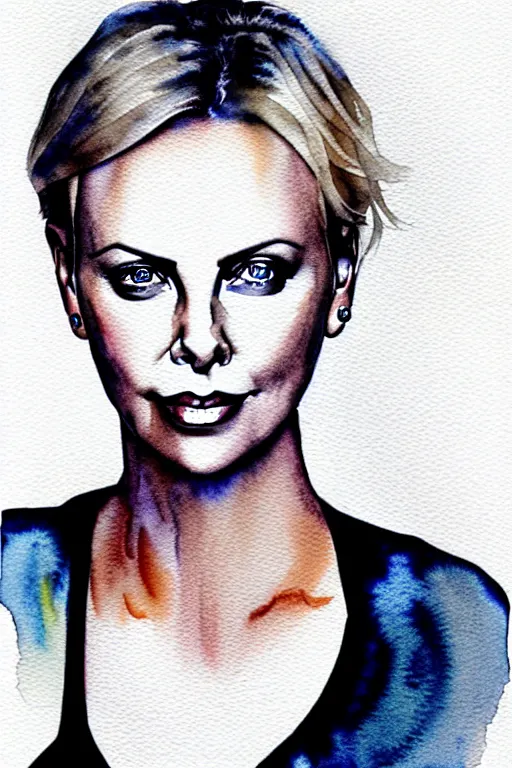 Prompt: charlize theron, grey, colorless and silent, watercolor portrait by ana santos